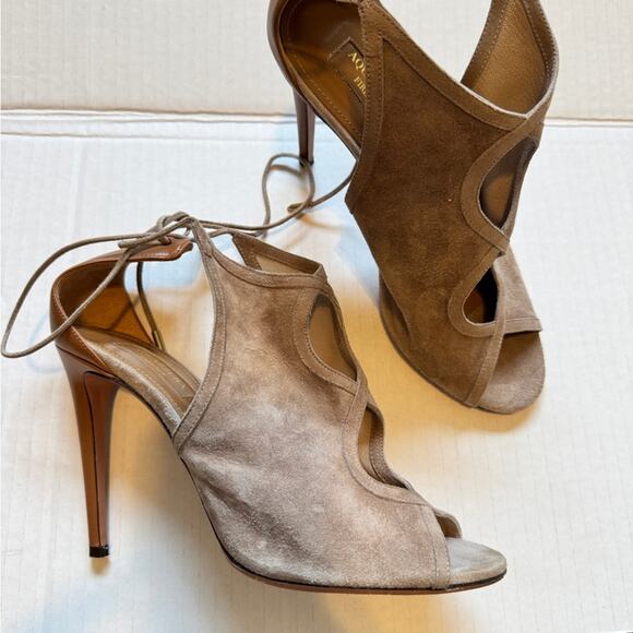 Aquazurra Sexy Thing Tan Leather Stiletto Heels Womens 8.5 Lace Up Luxury Shoes - Picture 3 of 10